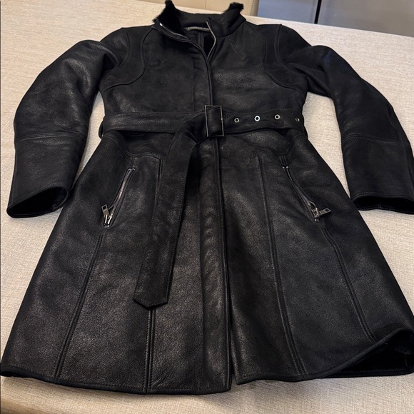 Andrew Marc- Women's Black Shearling Leather Belted Coat/EUC/Size S - Picture 2 of 15